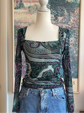 Vintage Y2K Boho Fairy Paisley Mesh Top XS Square Neck Ruched Hippie INC